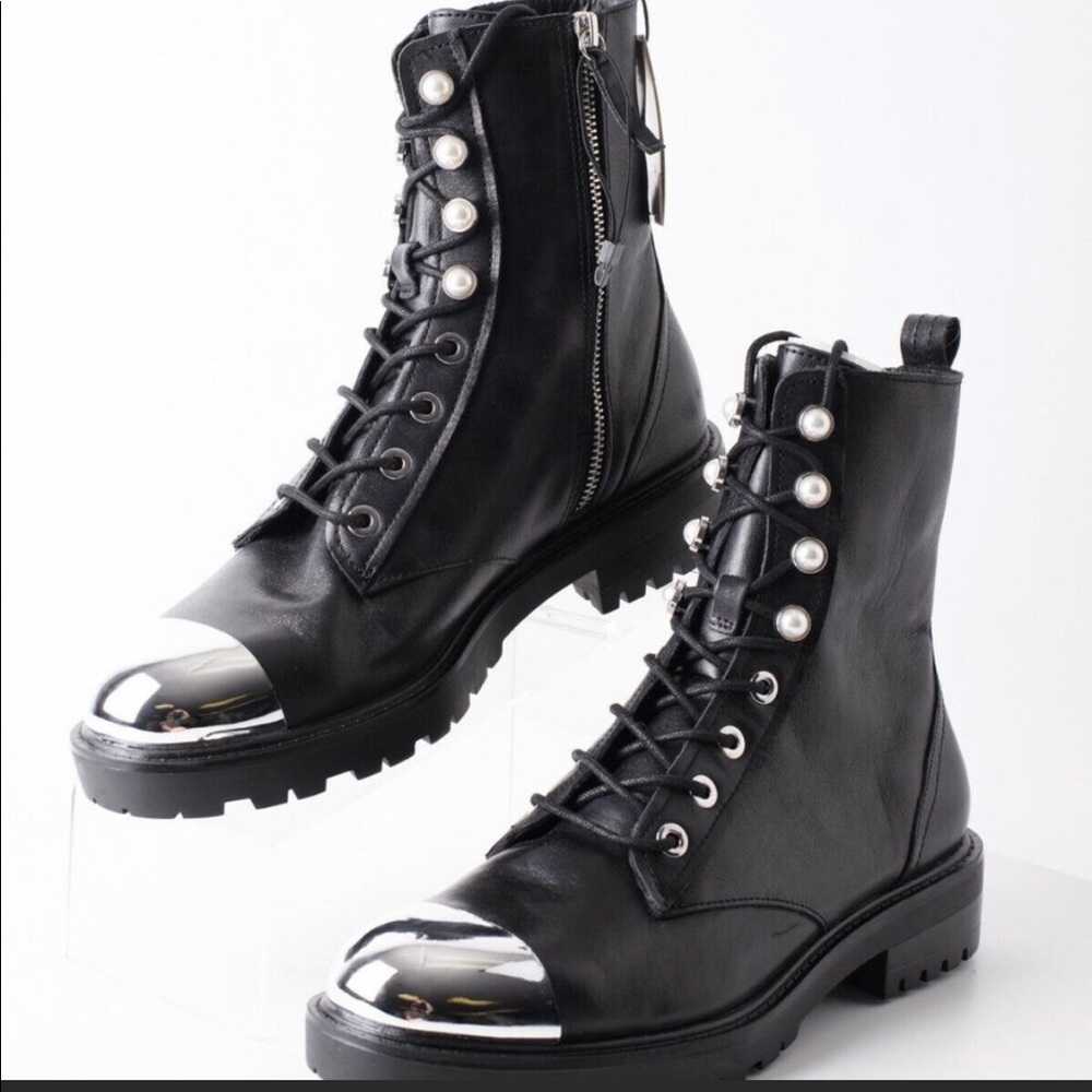 Zara pearl lace up silver metal captoe combat boot
